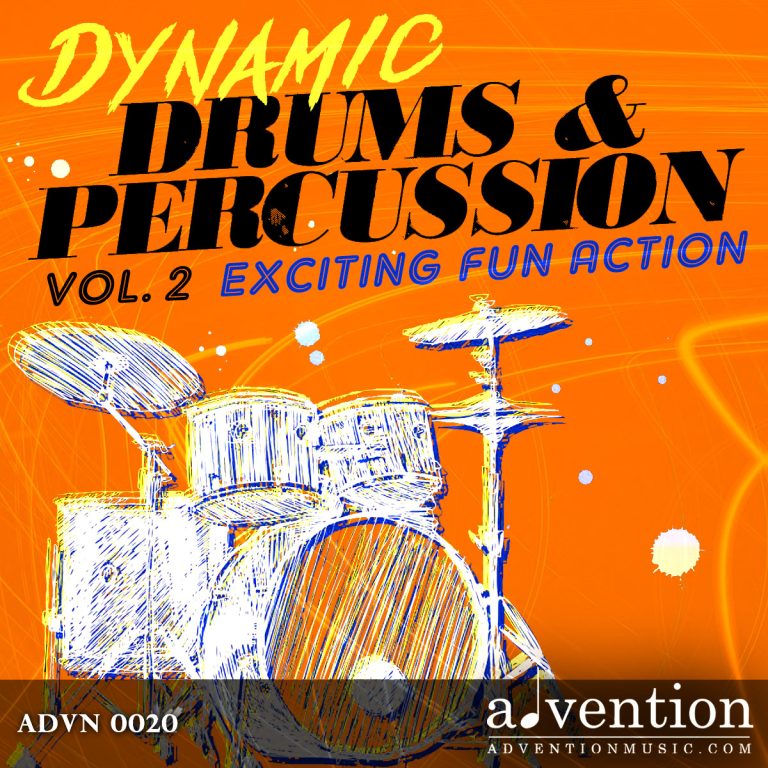 A snazzy sketch of a drumset in white vibrates against a bright orange backdrop. The title DYNAMIC DRUMS AND PERCUSSION VOLUME 2, Exciting Fun Action, stretches across the top at an angle.