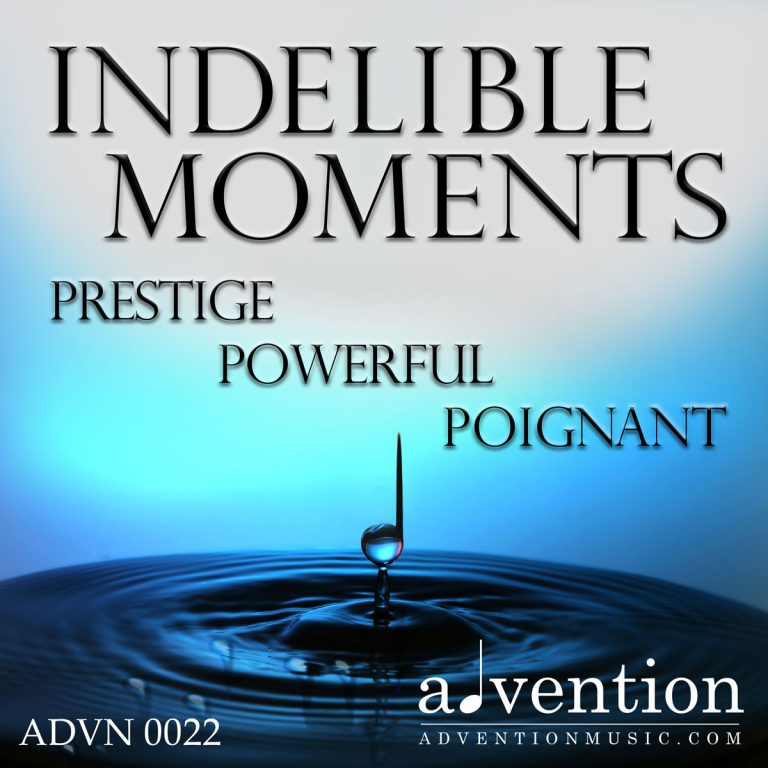 Water droplet shaped like a music note just hitting the water causing a ripple effect on the blue pool at the bottom of the image. The top of the image is the title "Indelible Moments" with the subtitle "Prestige, Powerful, Poignant" below it. The top of the image is black and white and subtly changes to a soothing blue at the bottom where the music note droplet is hitting the water. A reflection of eighth notes dance in the water below.